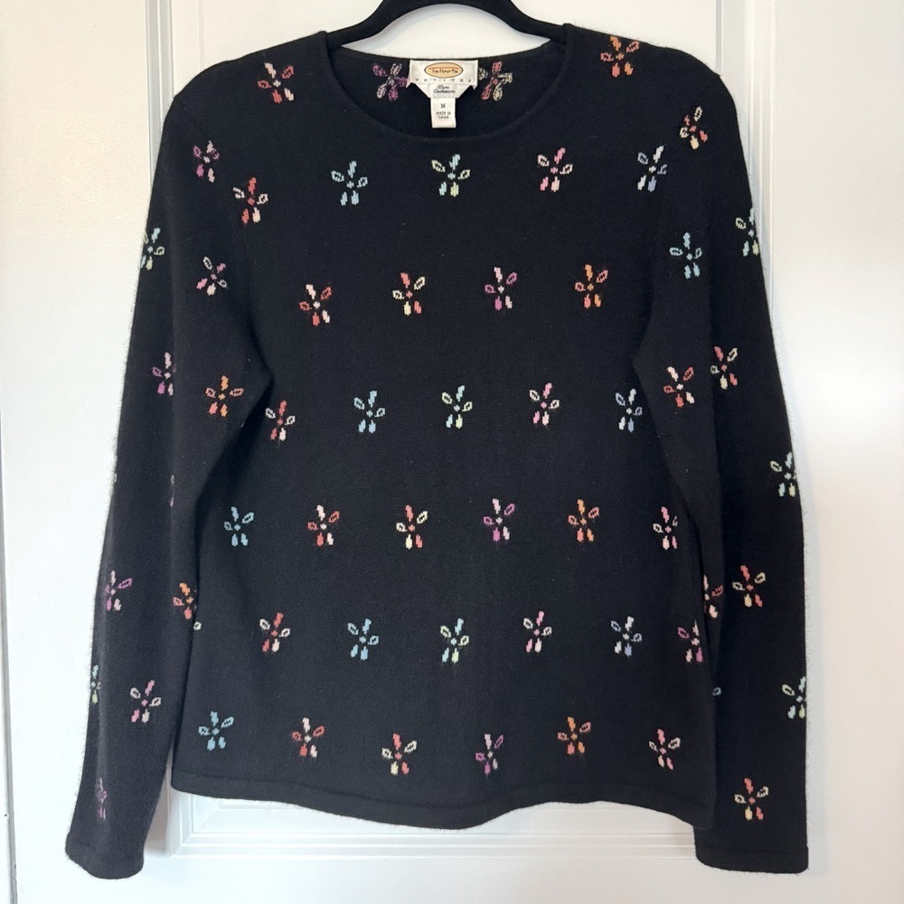 Talbots 100% Cashmere Black Sweater with Multicolor Floral Pattern Size Medium